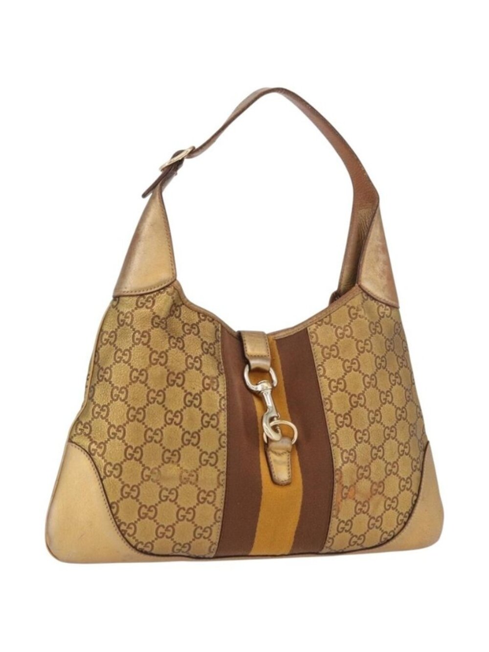 Authentic GUCCI GG Canvas Guccissima Sherry Line Bag Leather Gold 153029